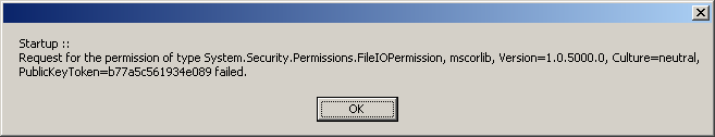 Request for the permission of type System.Security.Permissions.FileIOPermission, mscorlib, Version=1.0.5000.0, Culture=neutral, PublicKeyToken=b77a5c561934e089 failed.
