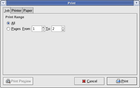 Gnome PDF viewer print dialog